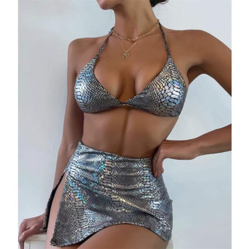 

Сексуальный комплект из трех предметов, купальники из искусственной кожи, женское бикини с высоким вырезом и лямкой на шее, Mujer 2021, летняя на...