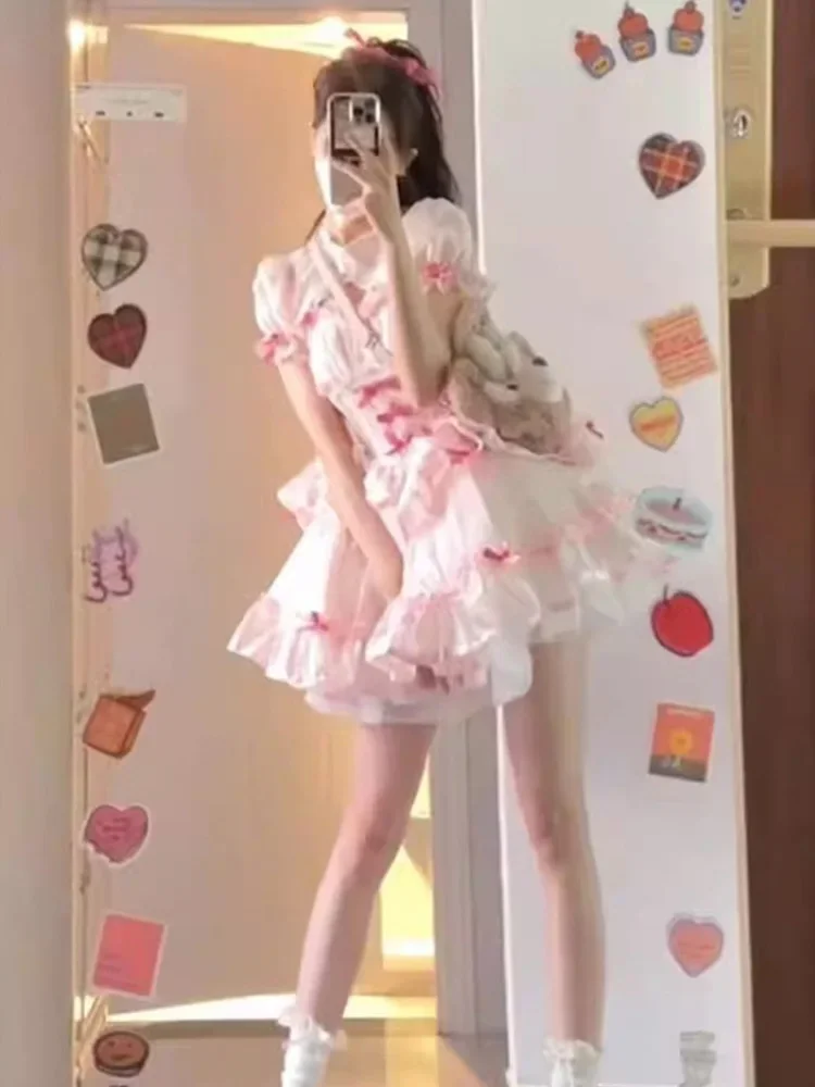 Женское кружевное платье на бретельках розовое в стиле Харадзюку с бантом модное