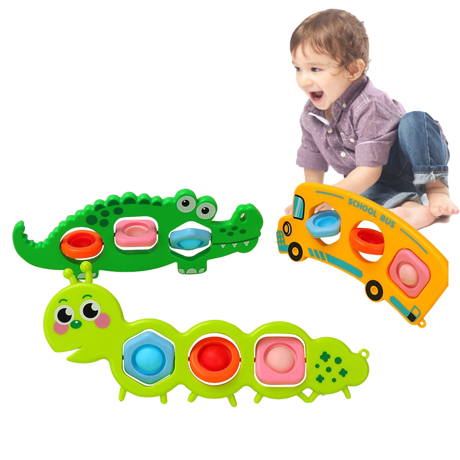 

3-Pcs Cute Kids Sensory Toys Crocodile School Bus Caterpillar Push Bubble Fun Baby Sensory Toys Easy To Play Educational Toddler