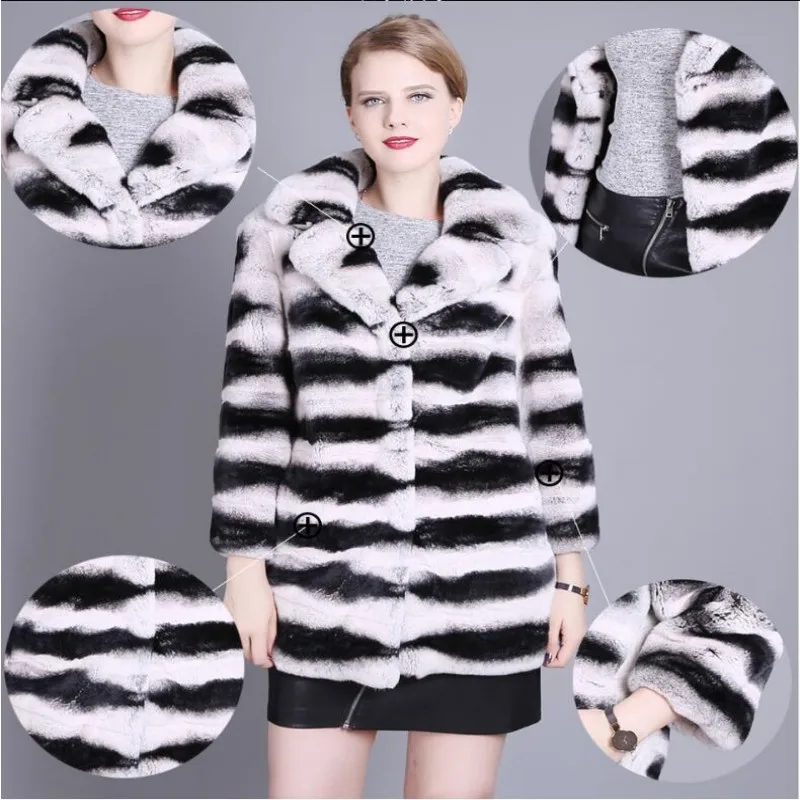 Natural Rex Rabbit Fur Coat Suit Collar 70cm Medium Long Fur Coat for Women Chinchilla Color Real Fur Winter Jacket