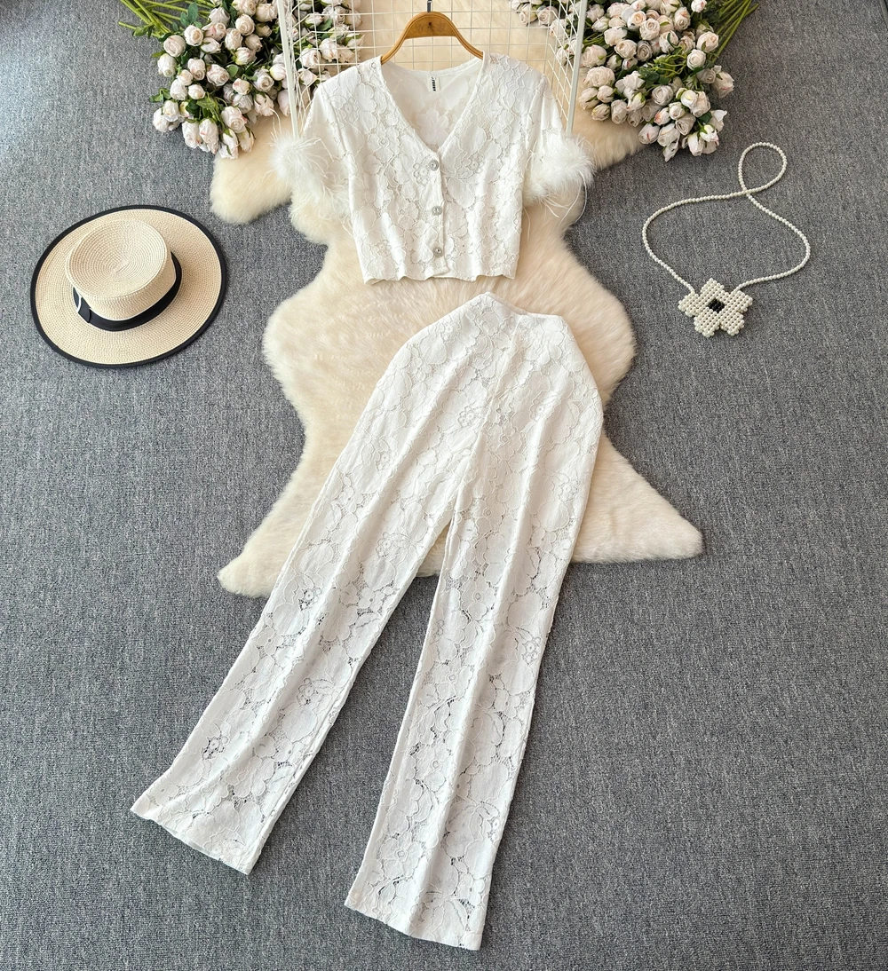 Женский летний комплект из 2 предметов топ с V-образным вырезом и рукавами-перьями