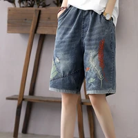 vintage embroidered jeans shorts womens summer 2022 new high waist loose denim capris ripped hole knee length pants