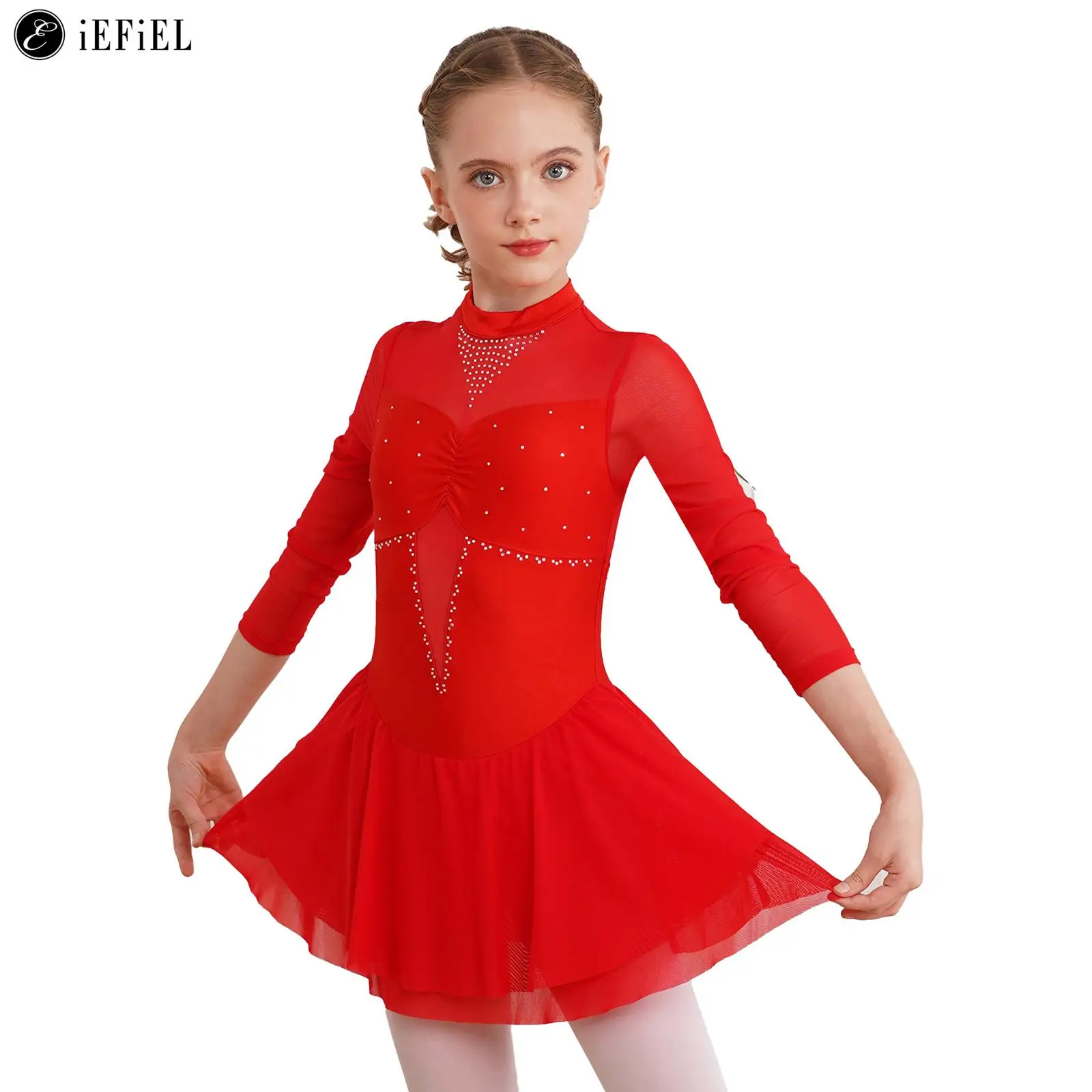 

Kids Girls Shiny Rhinestone Lyrical Dance Dress Long Sleeve Figure Ice Skating Competition Costume Roller Skating Dancewear