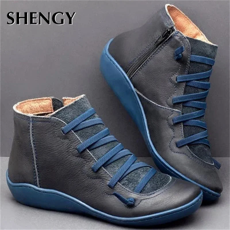 

Женские ботильоны на шнуровке, черные кожаные ботинки на плоской подошве, короткие ботинки на молнии, Винтажная обувь для осени, 2019