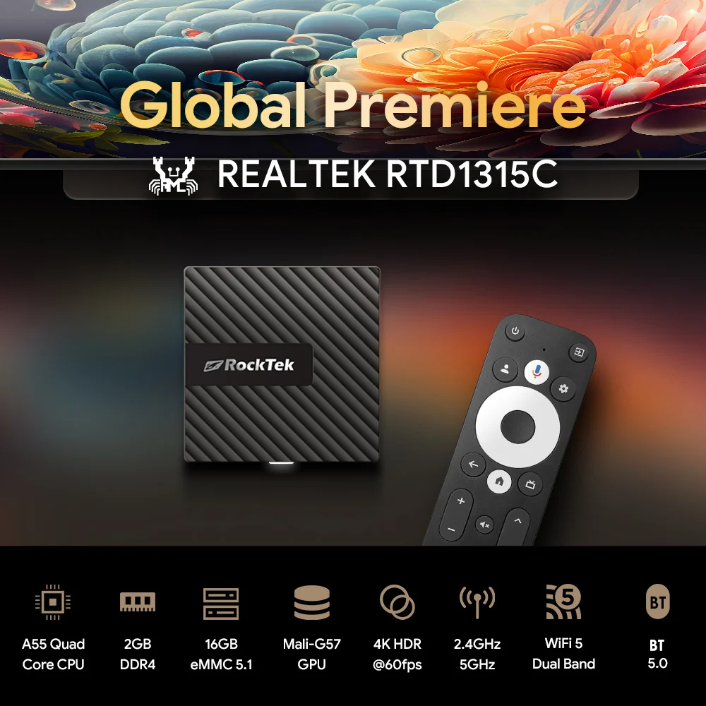 ТВ-адаптер RockTek GB1 2 + 16 ГБ eMMC Realtek1315C A55 Support Dolby Atmos Vision 2T2R Wifi BT5.0