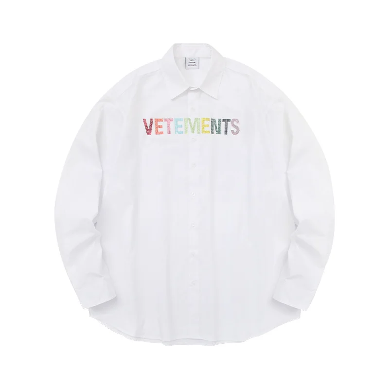 

23Fw VETEMENTS White Shirt High Quality 1:1 Colorful Rhinestones Logo Men's Women's VTM Loose Fit Shirt Inner Labels