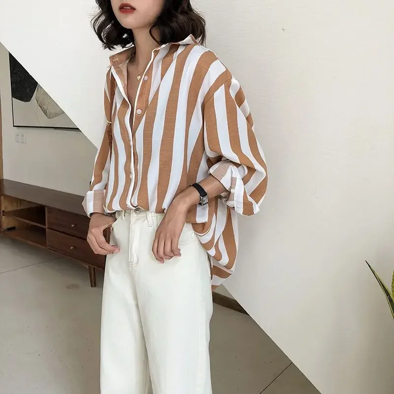 Фото Французские Camisas De Mujer, свободные полосатые офисные женские рубашки с воротником-поло и длинными рукавами, женские корейские модные блузки Femmes, трендовые топы №5
