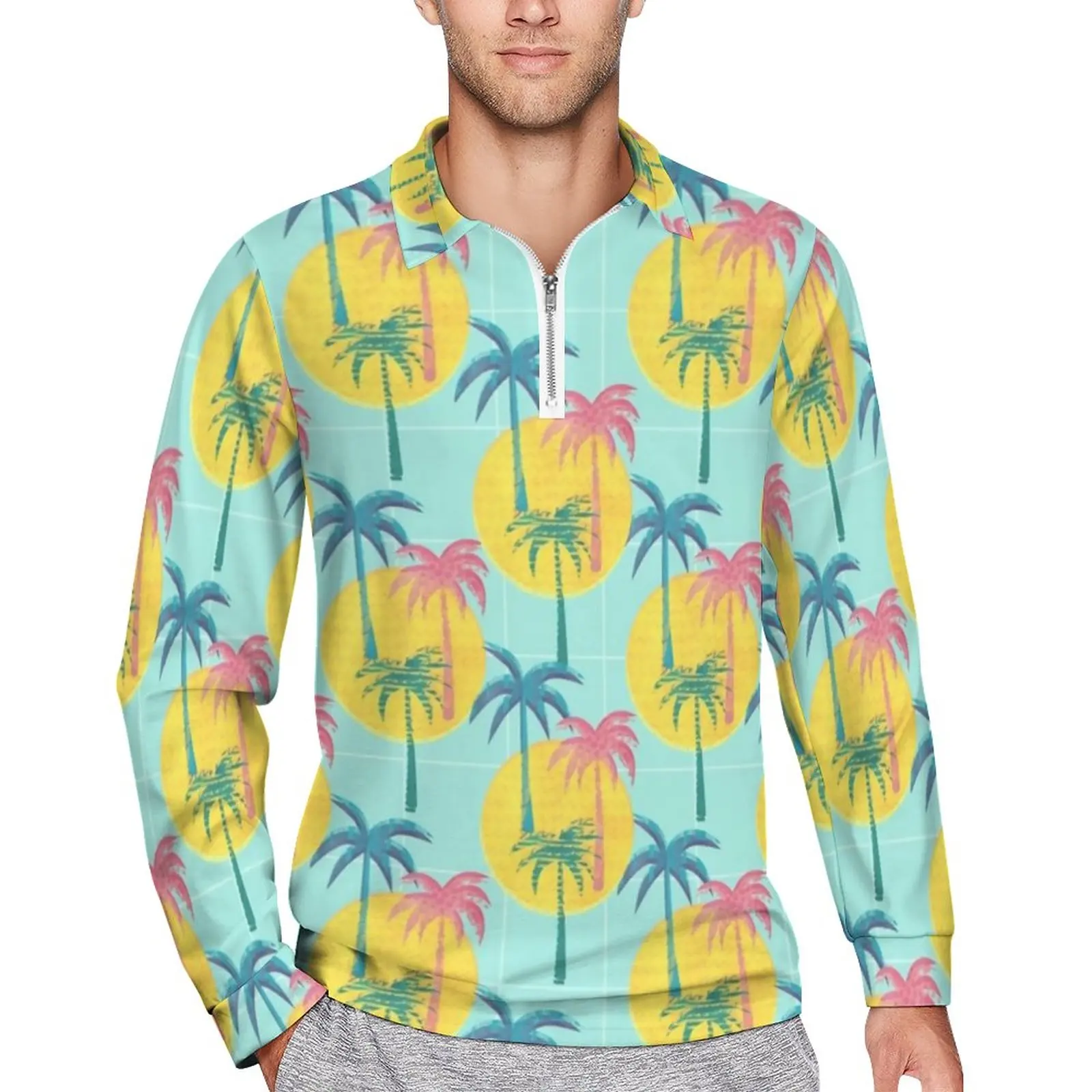 

Abstract Sun Loose Polo Shirts Men Retro Palms Print Long Sleeves Casual T-Shirts Fashion Daily Graphic Shirt Plus Size 5XL