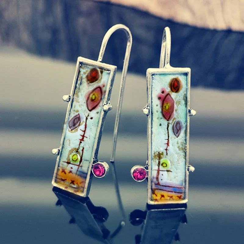

Bohemian Vintage Inlaid Austrian Crystal Long Hook Earrings with Geometric Blue Painted Leaves Women's Jewelry