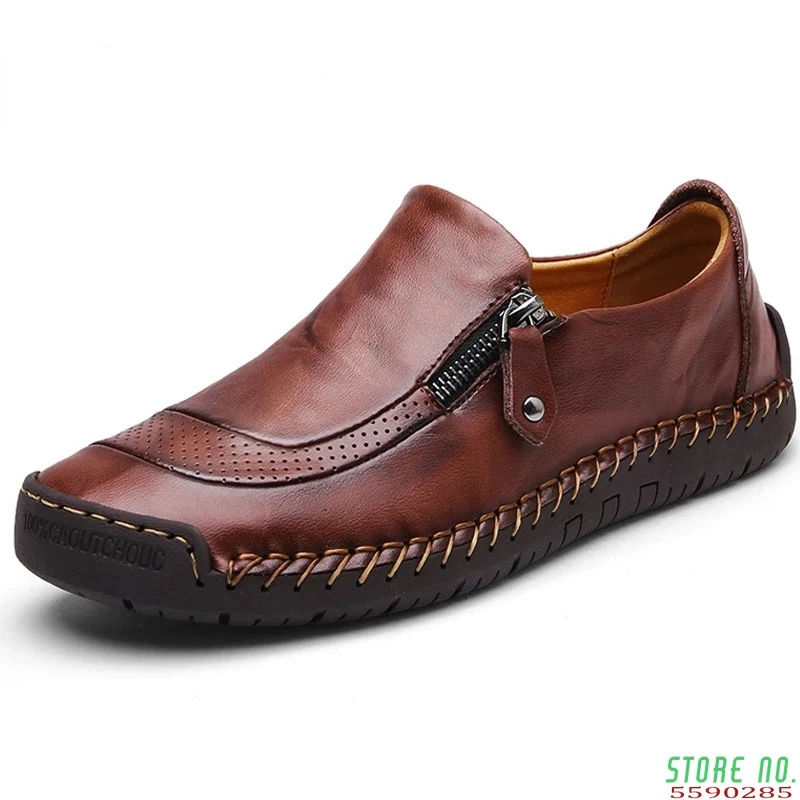 

Classic Men's Casual Shoes Genuine Leather Breathable Men Flats Moccasins Loafers Zipper Men's Driving Male Shoes Big Size 38-48