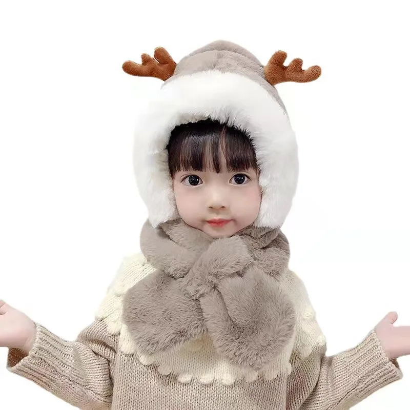 

Children Headgear Ear Protection Cartoon Cold Protection Newborn Kid Hat Baby Hat+scarf Winter Cute Antler Plush Warm