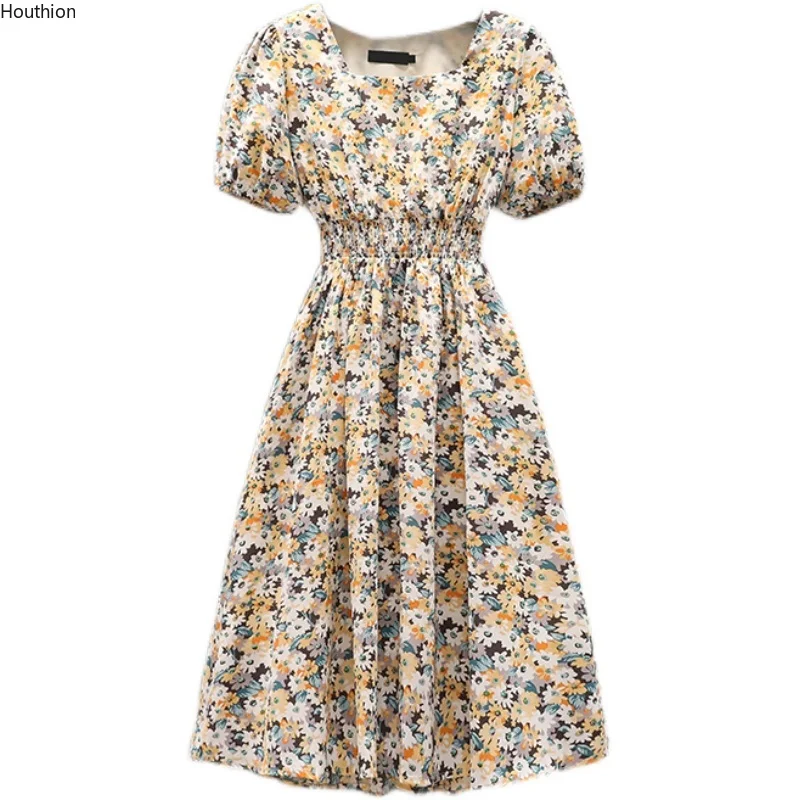 

Chiffon Loose Plus Size Women's Dress New Fashion Dresses Mid-length Summer Short Sleeve Floral Square Collar Houthion