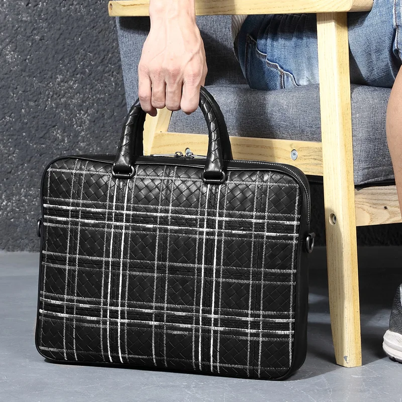 Men's Handbag Premium Cowhide Men's Bag Business Briefcase Woven Single Shoulder Crossbody Bag Document Laptop Bag High Quality