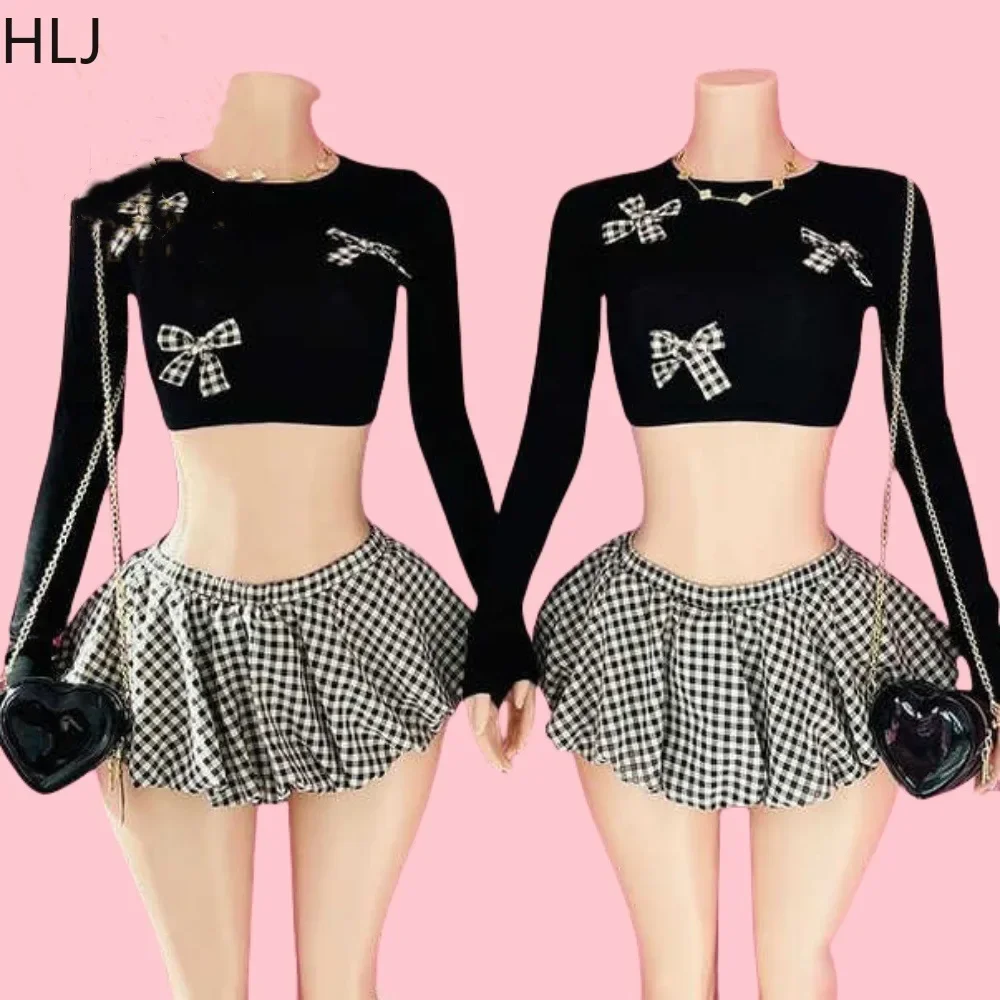 HLJ Весенние новые милые клетчатые пышные мини-юбки с бантом комплекты из двух