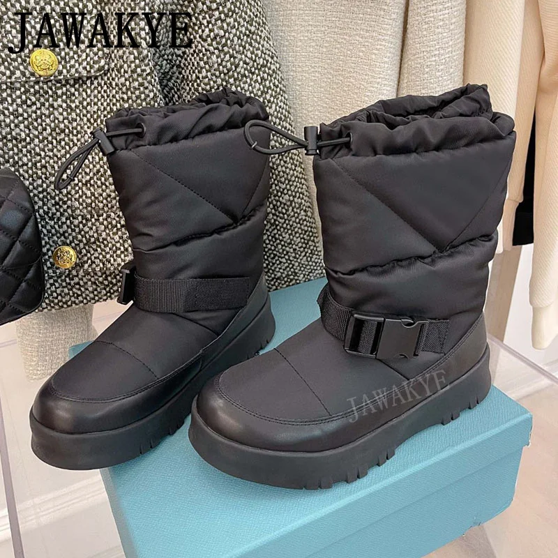 

Водонепроницаемые зимние женские сапоги с нейлоновой подкладкой, брендовая туристическая обувь люкс, зимние короткие сапоги до середины икры на платформе с ремешком с пряжкой для улицы