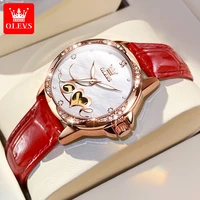 olevs fashion new women automatic mechanical watch luxury diamond womens watches trend red waterproof leather strap luminous