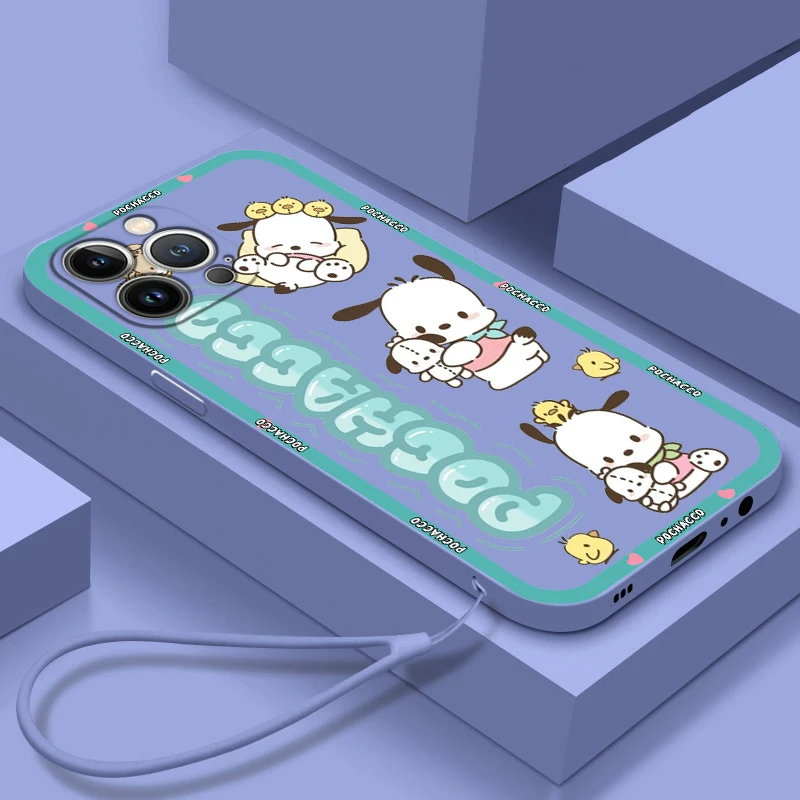 

Pochacco HelloKitty For Apple iPhone 14 13 12 Mini 11 Pro XS MAX XR X 8 7 6S SE Plus Silicone Liquid Rope Phone Case Coque Capa