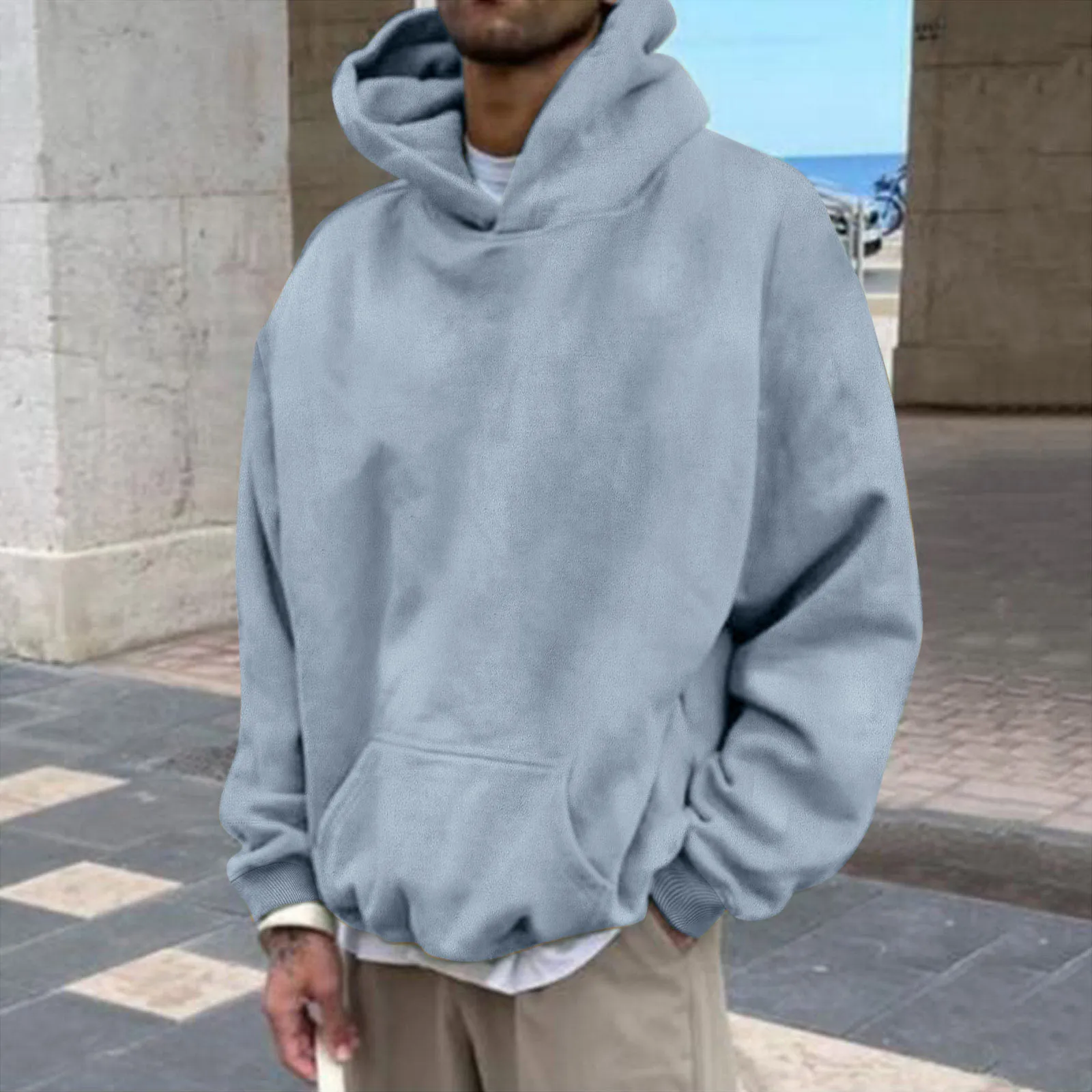 

Solid Color Sweatshirt For Men Autumn And Winter Suede Hooded Basic Pullover European American Vintage Style Gothic Tracksuit