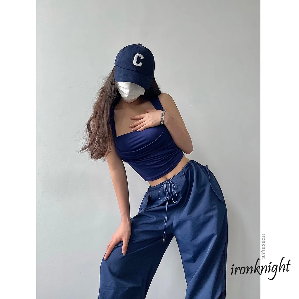 

ironknight-Y2K Harajuku Women Low-Cut Short Vest / Drawstring Low Waist Cargo Pants