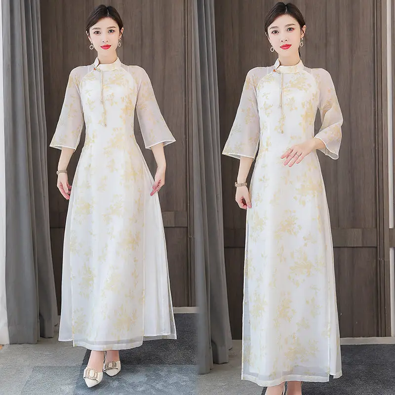 

Женское платье-Ципао в китайском стиле, элегантное улучшенное платье в стиле ретро с длинным воротником-стойкой и принтом дзен-чая, модель h964 на лето