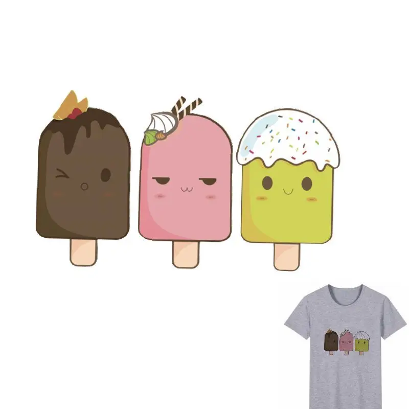 Heat Transfer Clothes T-Shirt Thermal Stickers Decoration Printing 21x12cm Cartoon Ice Cream Iron on Patches for DIY