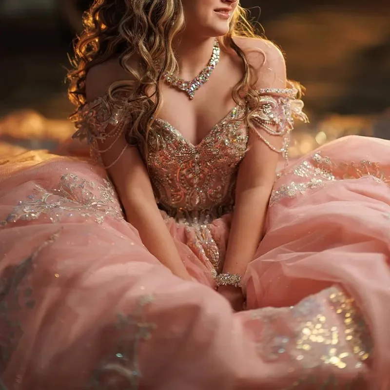 Фото Розовые блестящие платья Quinceanera, бальное платье с открытыми плечами, аппликации, кружевной бант, бисер, тюль, корсет, милое платье 16, блестящее №2