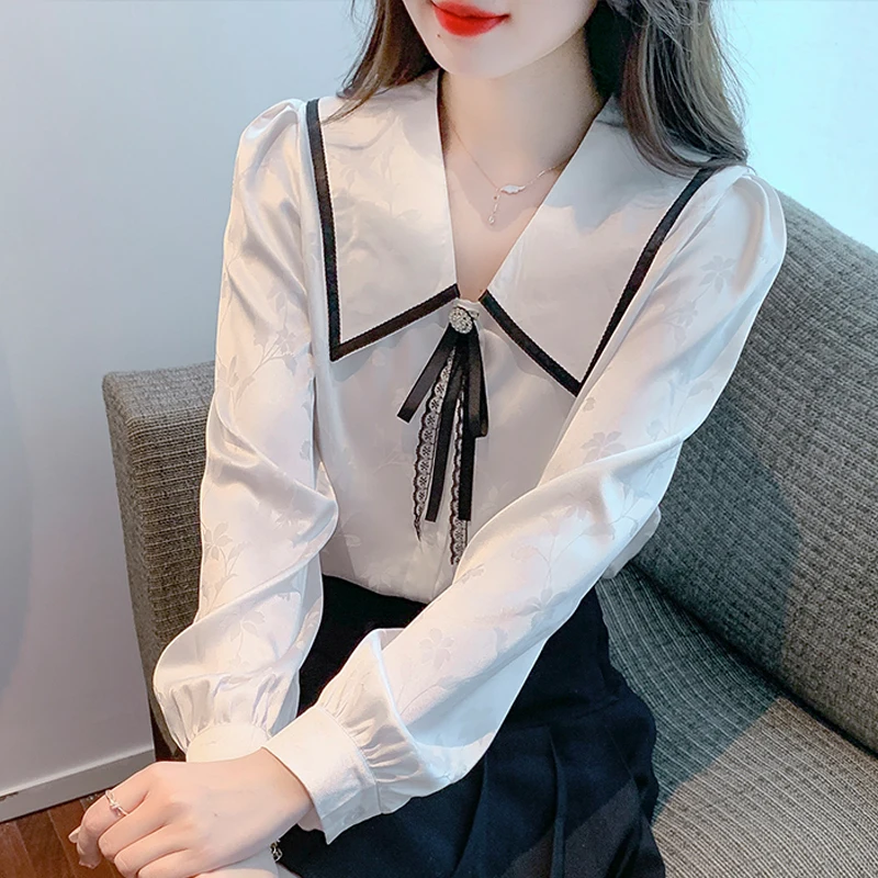 

Fashion Lapel Chiffon Blouse Women Fashion Tops Elegant Peter Pan Collar White Shirts Office Lady Long Sleeve Clothing 24566