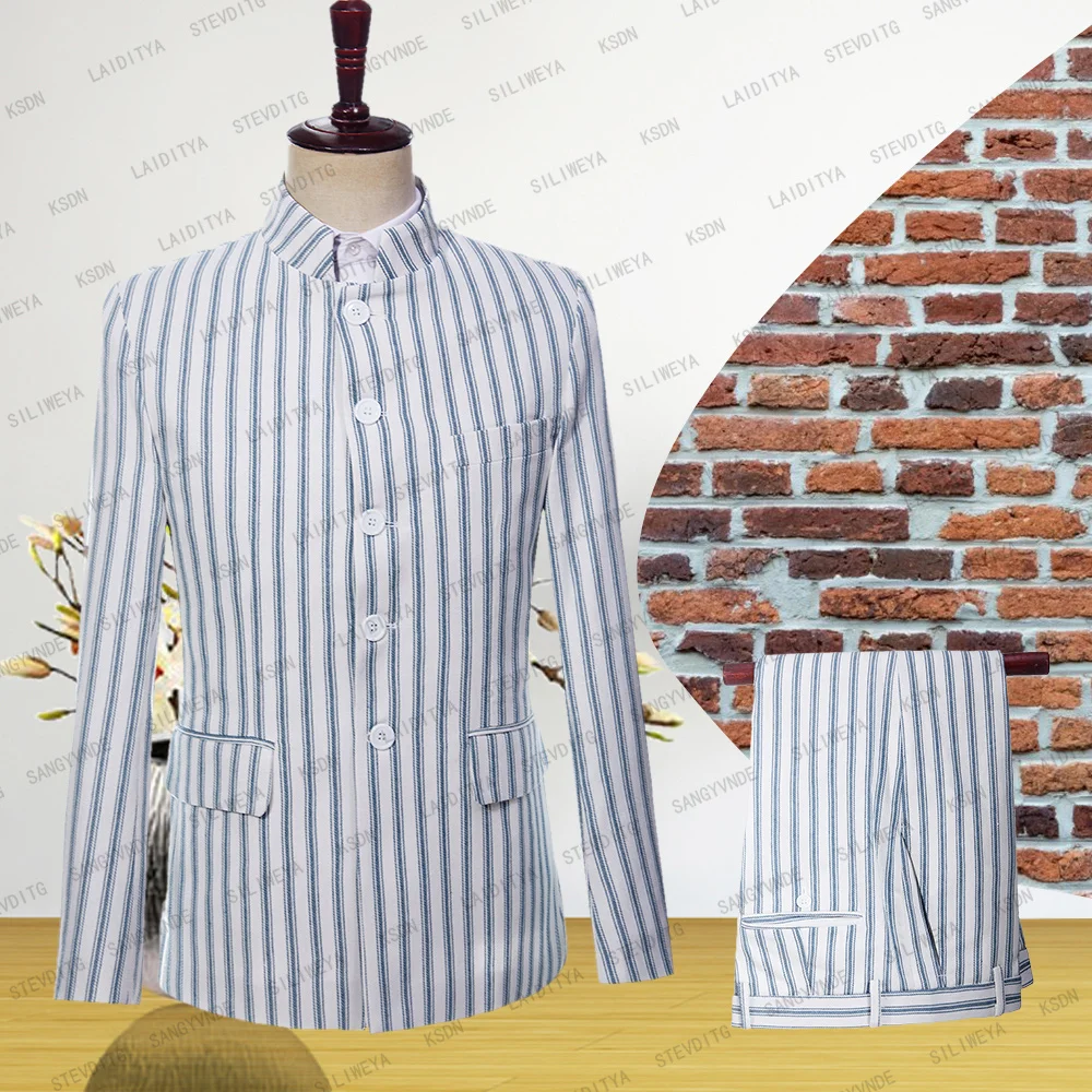 

Блейзер Мужской льняной, однобортный приталенный, с воротником-стойкой, брюки, пляжная одежда для отдыха и путешествий, синий костюм из двух предметов, лето 2023