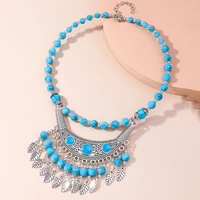 bohemia vintage ethnic leaf blue stone tassel necklace for women gypsy sliver color necklace for girls tibetan jewelry