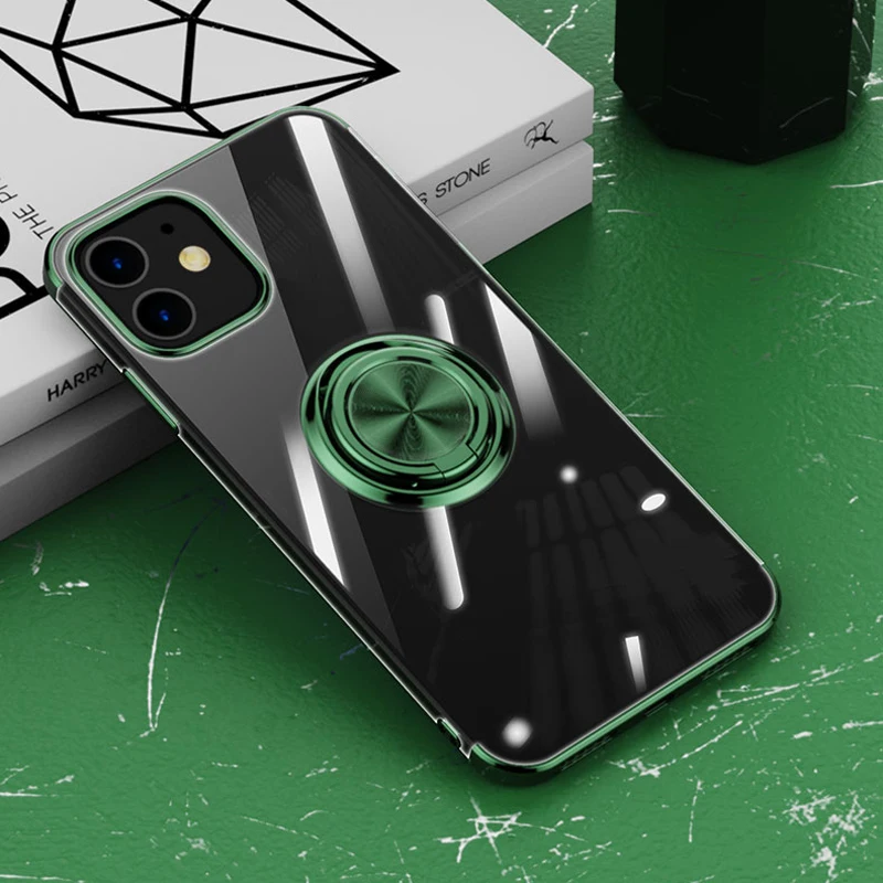 Plating Transparent Magnetic Case For iPhone 14 13 12 11 Pro Max XS XR X 7 8 Plus Shell Silicone Cover With Ring Holder Stand