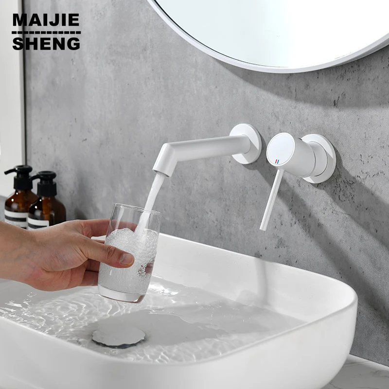 

Luxury Matte White Tap Wall Mount Bathroom Basin Sink Faucet Solid Brass Single Handle Hot and Mixer Golden Bathtub Faucet