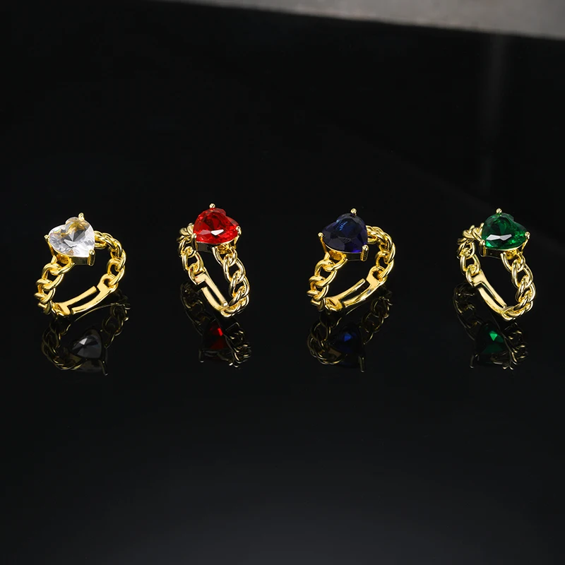 

Gold Large Heart Crystal Ring For Women Cuban Chain Adjustable Ring Girl Birthday Gift Exquisite Jewelry Dropshipping Wholesale