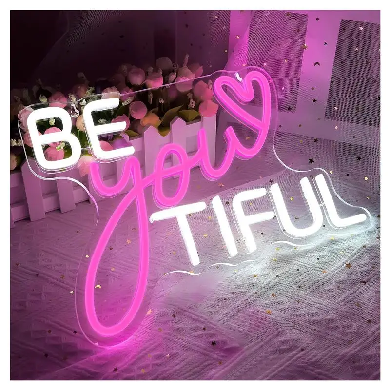 Фото Неоновая вывеска Be Your Tiful, светильник с регулируемой яркостью, питание от USB, для спальни, детской комнаты, украшения стены дома, 35 см x 26 см №3