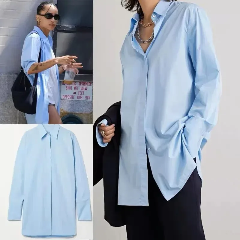 

Новинка весна-осень 2023 голубая рубашка R0W из хлопкового поплина свободная Простая рубашка средней длины в ленивом стиле для женщин