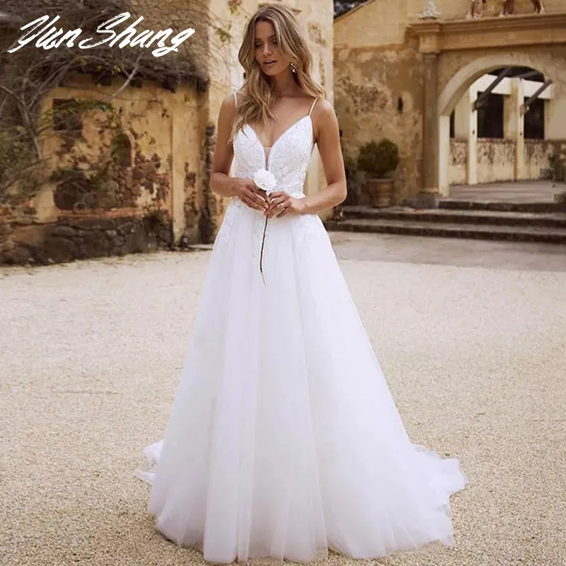 

YunShang Boho V-Neck A-Line Wedidng Dress Spaghetti Straps Lace Appliques Beach Tulle Bride Gown Backless Train Vestido De Novia