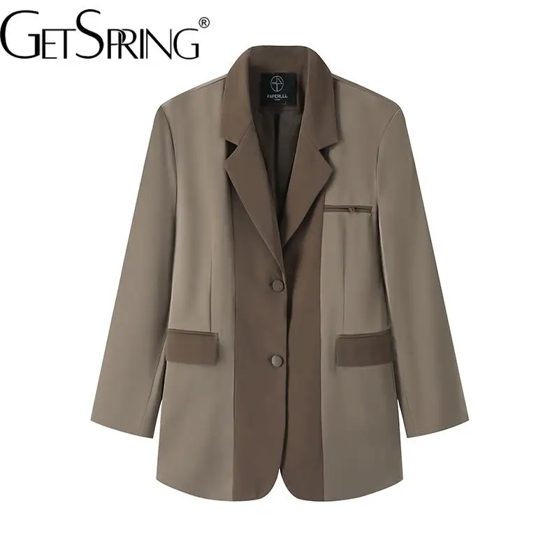 

GetSpring, Женский блейзер, однобортный, лоскутный, с длинным рукавом, атласный, большие размеры, женский костюм, модное женское искусственное па...