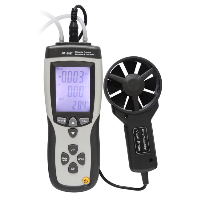 

DT-8897 Многофункциональный манометр дифференциального давления, измеритель расхода, анемометр, измеритель скорости ветра