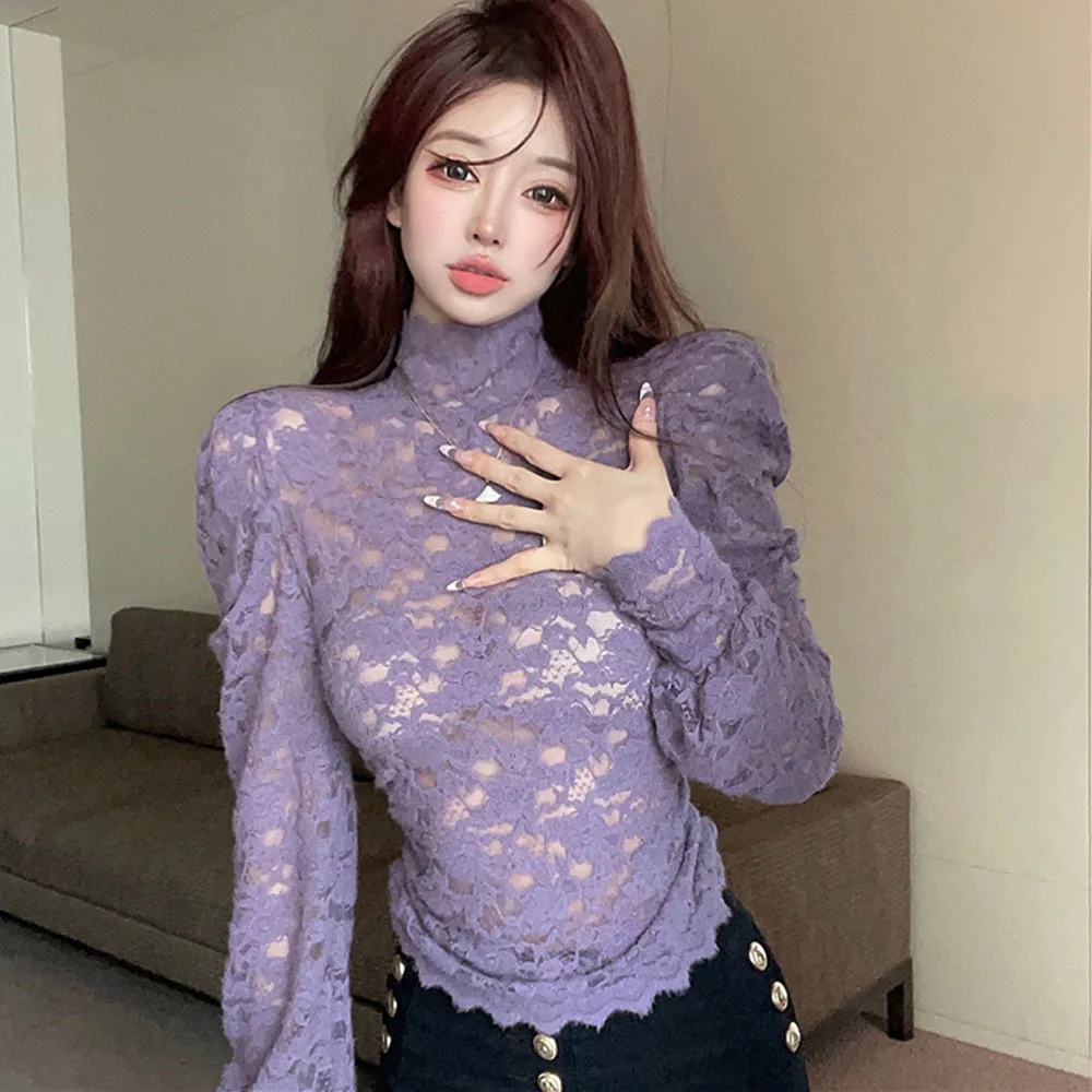 

Korean Style Sexy Lace Blouse Lady Puff Sleeve Turtleneck Pullover Elegant Women Shirts Hollow Hook Flower Bottoming Tops Female