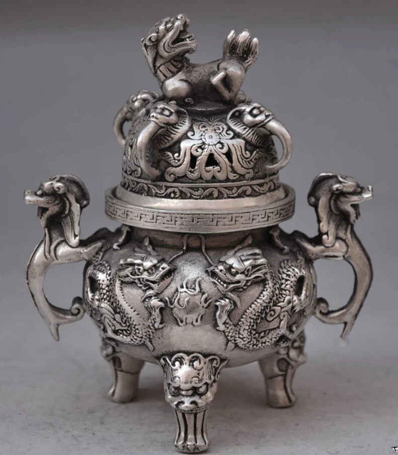 

SUIRONG---607+++Chinese buddhist manual old silver copper dragon lion statues incense burner