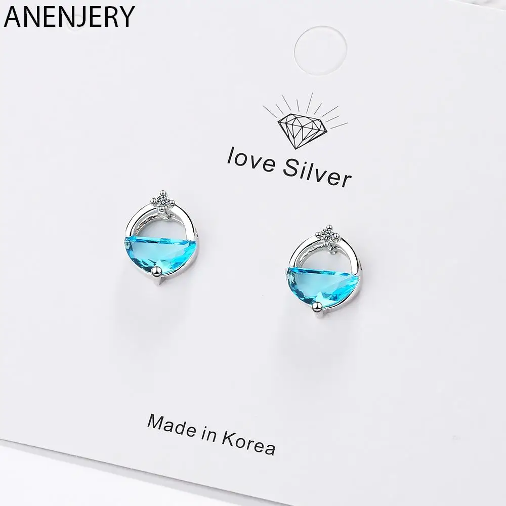 

Женские серьги-гвоздики с цирконием ANENJERY, Серебристые серьги круглой формы с синей подвеской, Ювелирное Украшение для Рождества