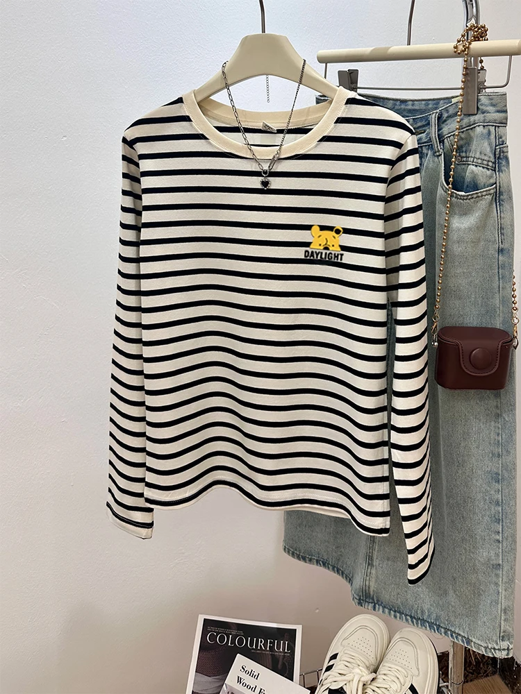 2024 Новая рубашка из чистого хлопка с круглым вырезом в полоску и длинными