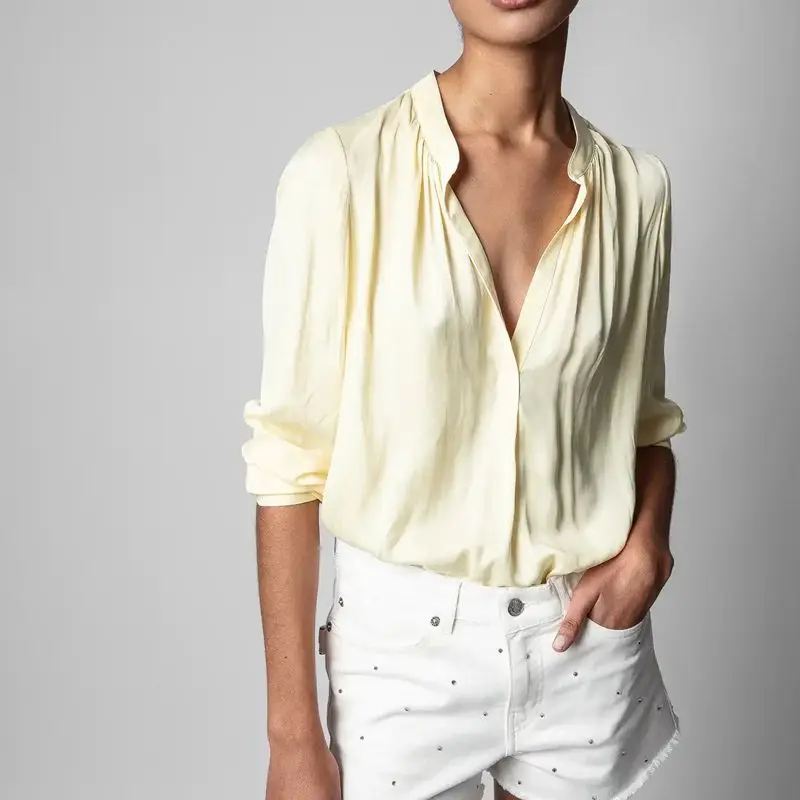 

2022 SS Women's Open-neckline Gathered Light Yellow Tunic Ladies Must-have Long Sleeves Yellow Shirt