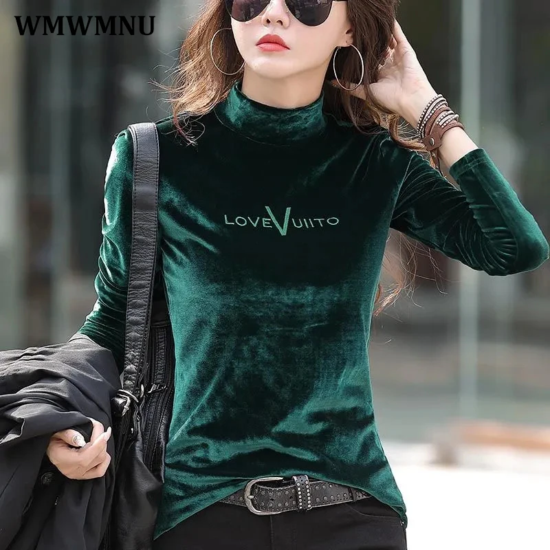 

Casual Half Turtleneck Letter Embroidery Velvet T-Shirt Women Autumn Winter Basic Long Sleeve Bottoming Velour Pullover Tops