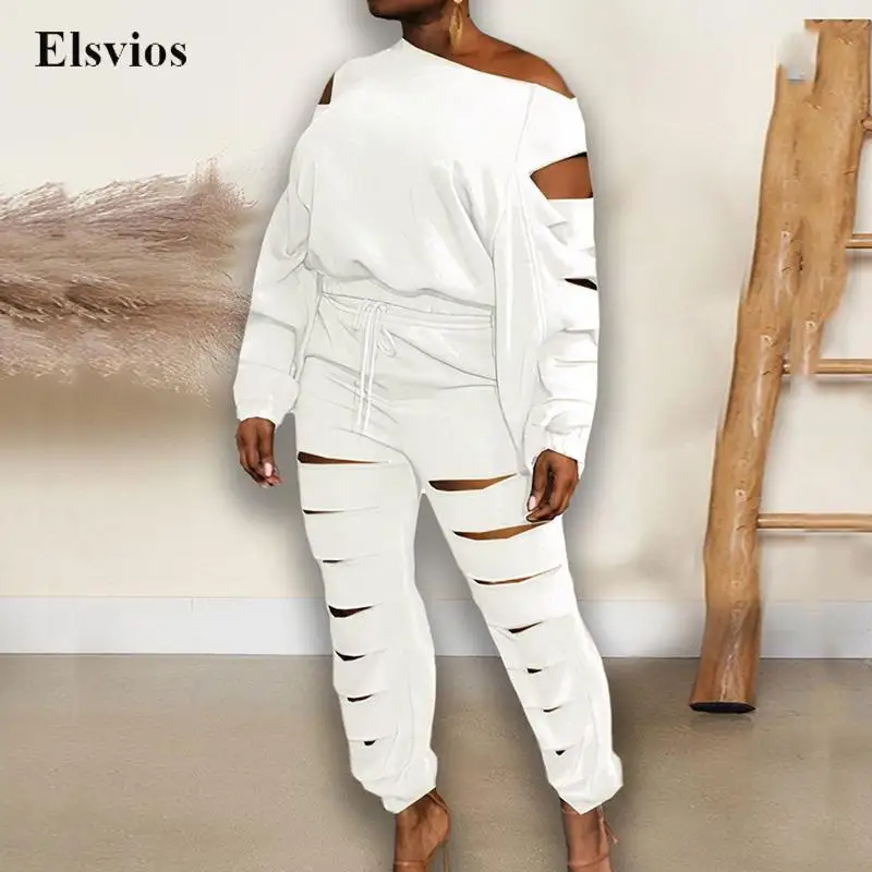 

Sexy Hollow Out Off Shoulder Suit Women Casual Long Sleeve Sweatshirt And Tie-up Pants Outfits Fashion Two Piece Set Tracksuit