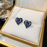 korean new simple deep blue cubic zirconia love heart stud earrings for women fashion temperament pendientes femme brincos
