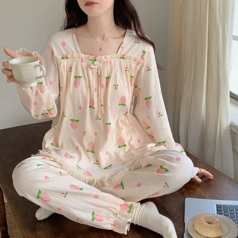 Пижамные комплекты для женщин с нагрудными подушечками длинным рукавом милые
