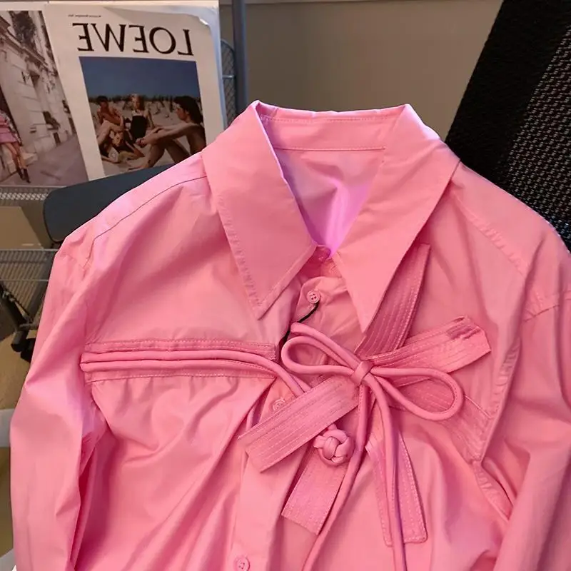 

2022 New Spring Women Clothing Top Simple Bow Chinese Buckle Pink Long-sleeved Blouse Loose Turn-down Collar Cute Shirts S-XL