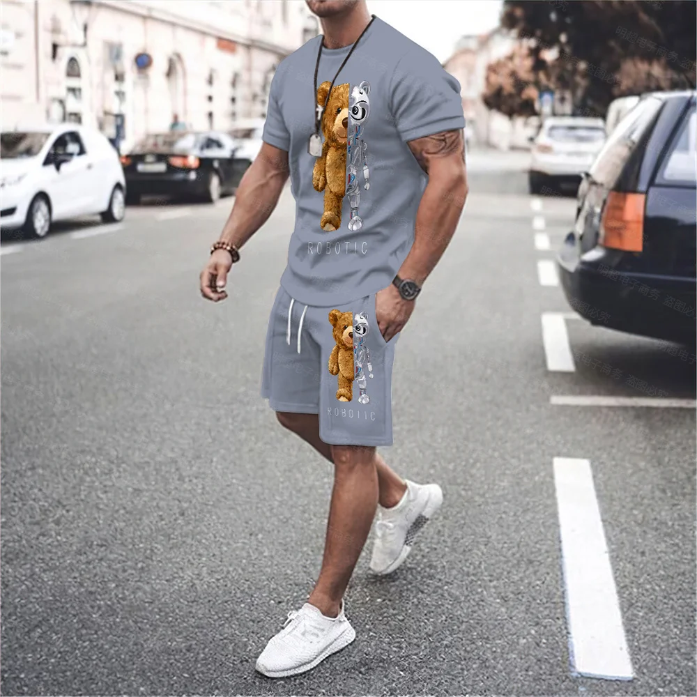 2023 Summer New Men's Round Neck Casual 3D Printed Bear T-shirt, Lace-up Shorts, Casual Sportswear Suit