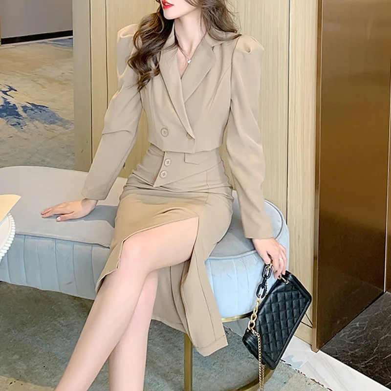 2021 New Suit Dress Skirt Autumn Fashion Solid Color Long-sleeved Lapel Jacket High Waist Half-length Skirt Two-piece Female