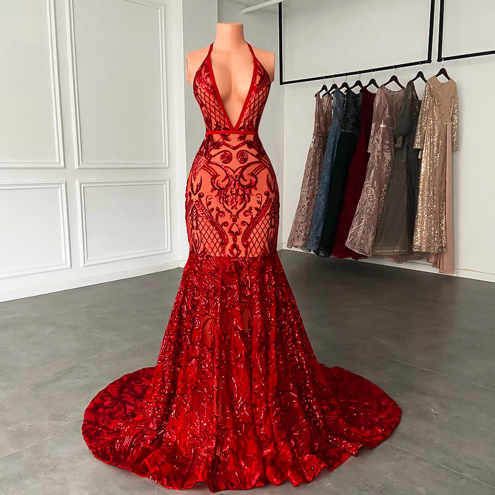 

Long Red Prom Dresses 2023 Sparkly Sequined Halter Mermaid Style Backless Black Girls Prom Party Formal Gowns